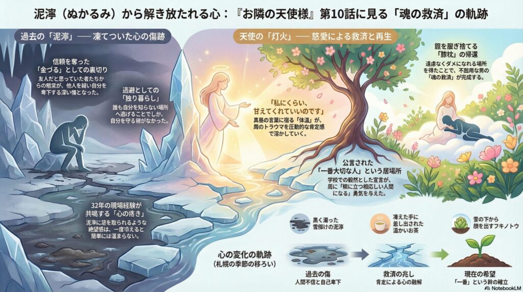 『お隣の天使様』第10話図解。過去の「泥濘」から天使の「灯火」を経て「魂の救済」に至る軌跡。札幌の季節の移ろい(泥濘・温かいお茶・フキノトウ)になぞらえた心の変化の図。