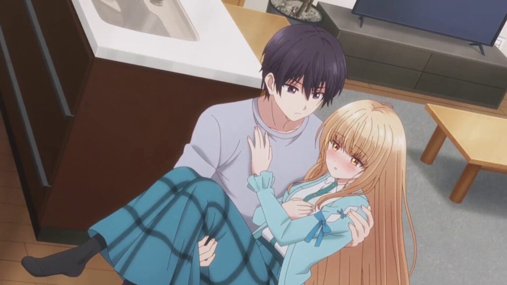 室内で椎名真昼を腕に抱きかかえ、心配そうな表情で見つめる藤宮周