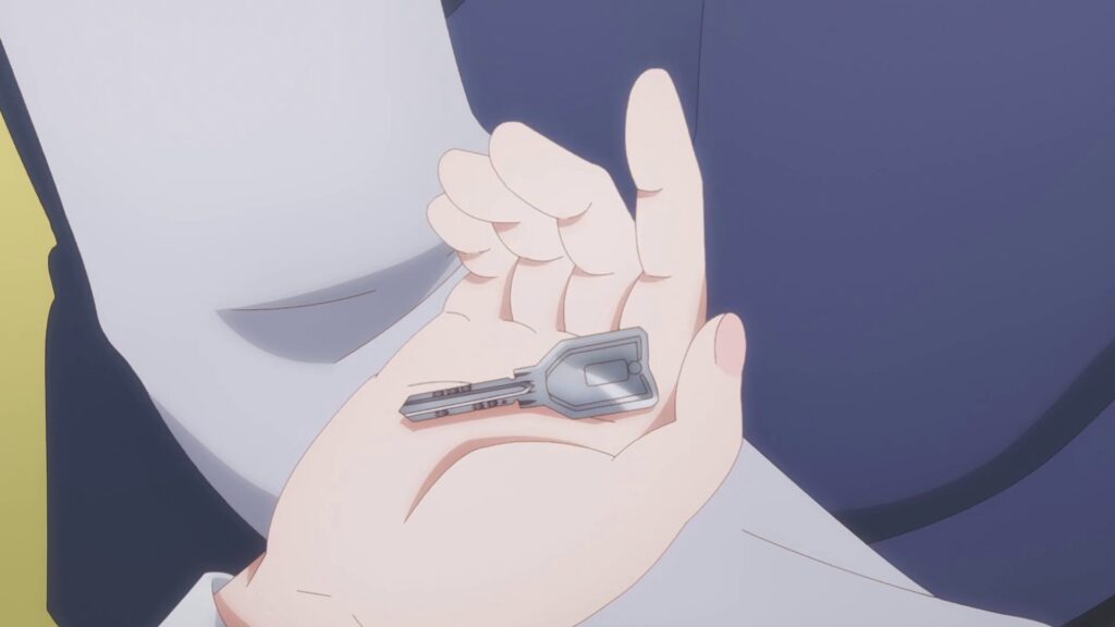 アニメ「お隣の天使様にいつの間にか駄目人間にされていた件」第3話、藤宮周が椎名真昼の手のひらに自宅マンションの合鍵をそっと乗せる瞬間のクローズアップ。