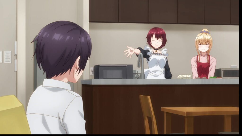 『お隣の天使様』第9話。キッチンに並ぶ椎名真昼と白河千歳、それを見守る藤宮周。賑やかで温かい日常のひとコマ。