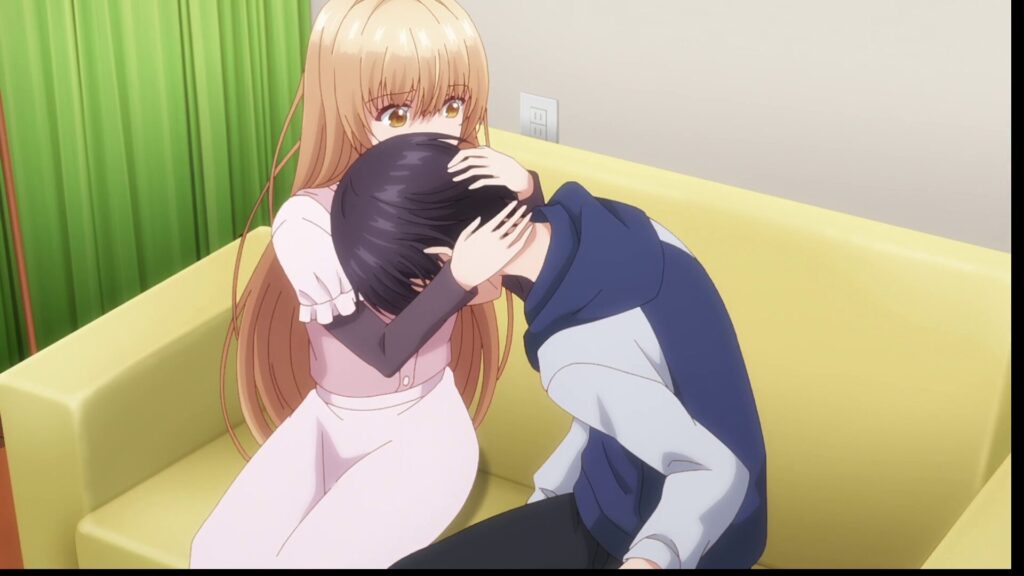 『お隣の天使様』第10話。真昼の膝に顔を埋めて甘える周と、それを優しく受け入れる真昼の抱擁シーン。