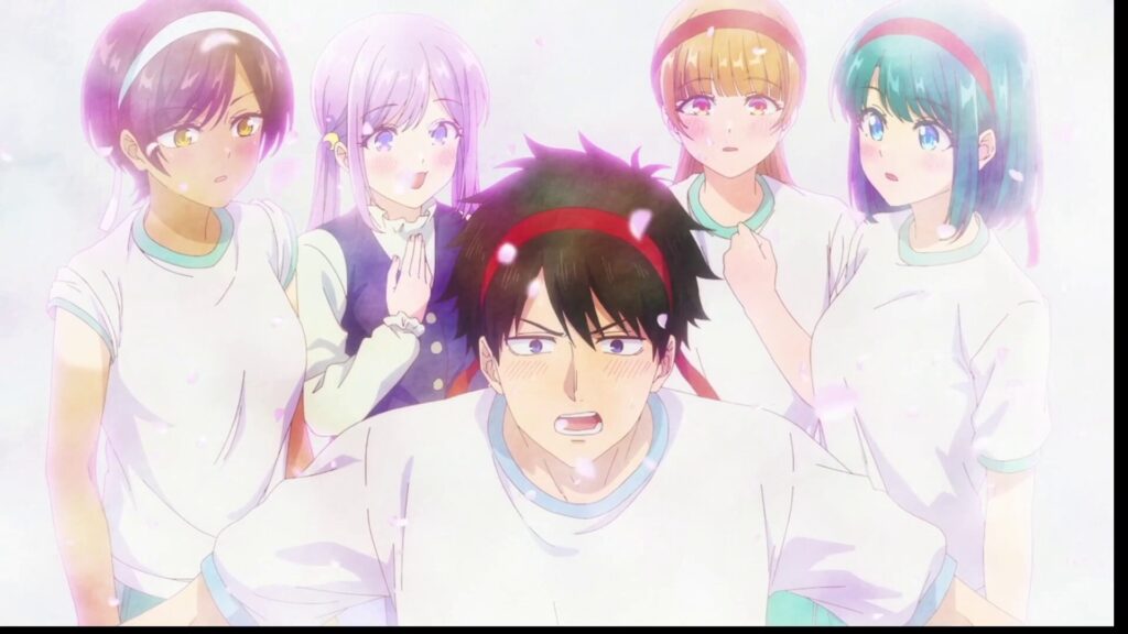 『幼馴染とはラブコメにならない』第12話。体育祭の競技中、幼馴染たちに囲まれて困惑しながらも奮闘する主人公。桜の花びらが舞う演出。