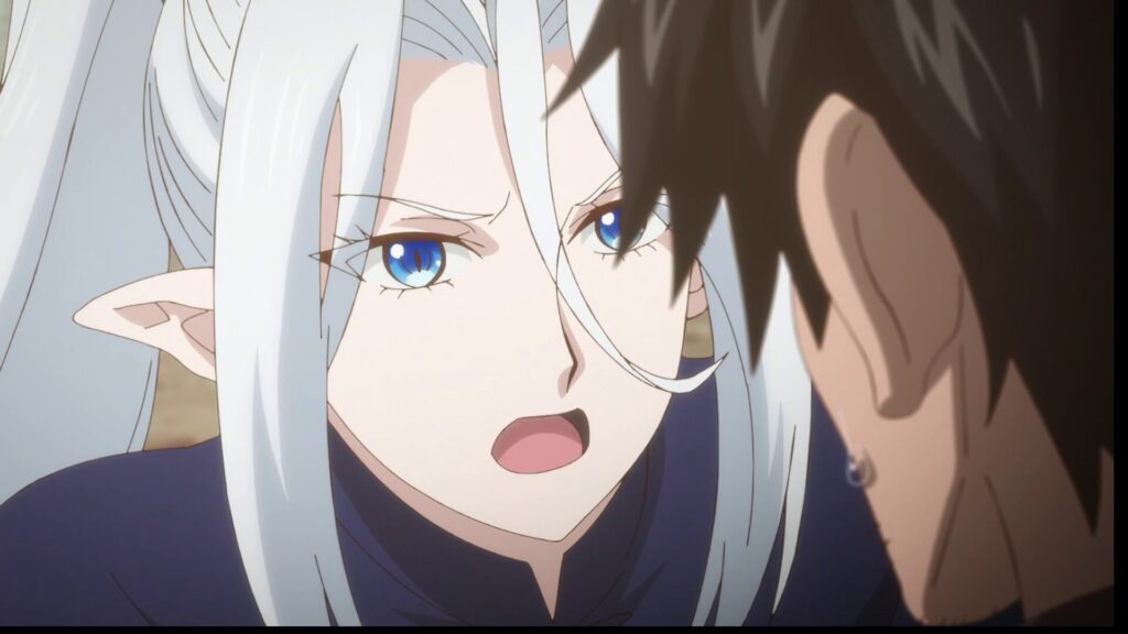 『29歳独身中堅冒険者の日常』第12話。白髪のエルフの女性が、真剣な眼差しで主人公のハジメに詰め寄るシーン。