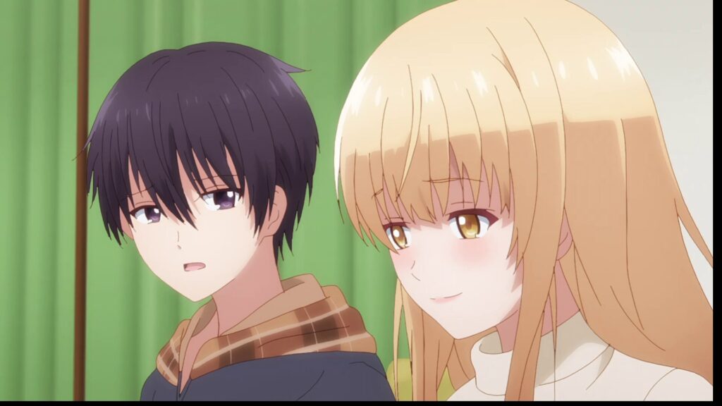 『お隣の天使様』第11話。至近距離で並ぶ藤宮周と椎名真昼。周の少し驚いたような表情と、優しく微笑む真昼のクローズアップ。