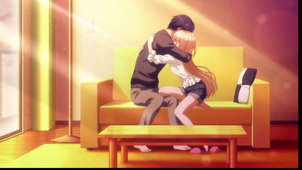 『お隣の天使様』第12話（最終回）。夕暮れ時のリビングで、互いの体温を確かめるように強く抱きしめ合う周と真昼。光と安らぎに満ちたラストシーン。