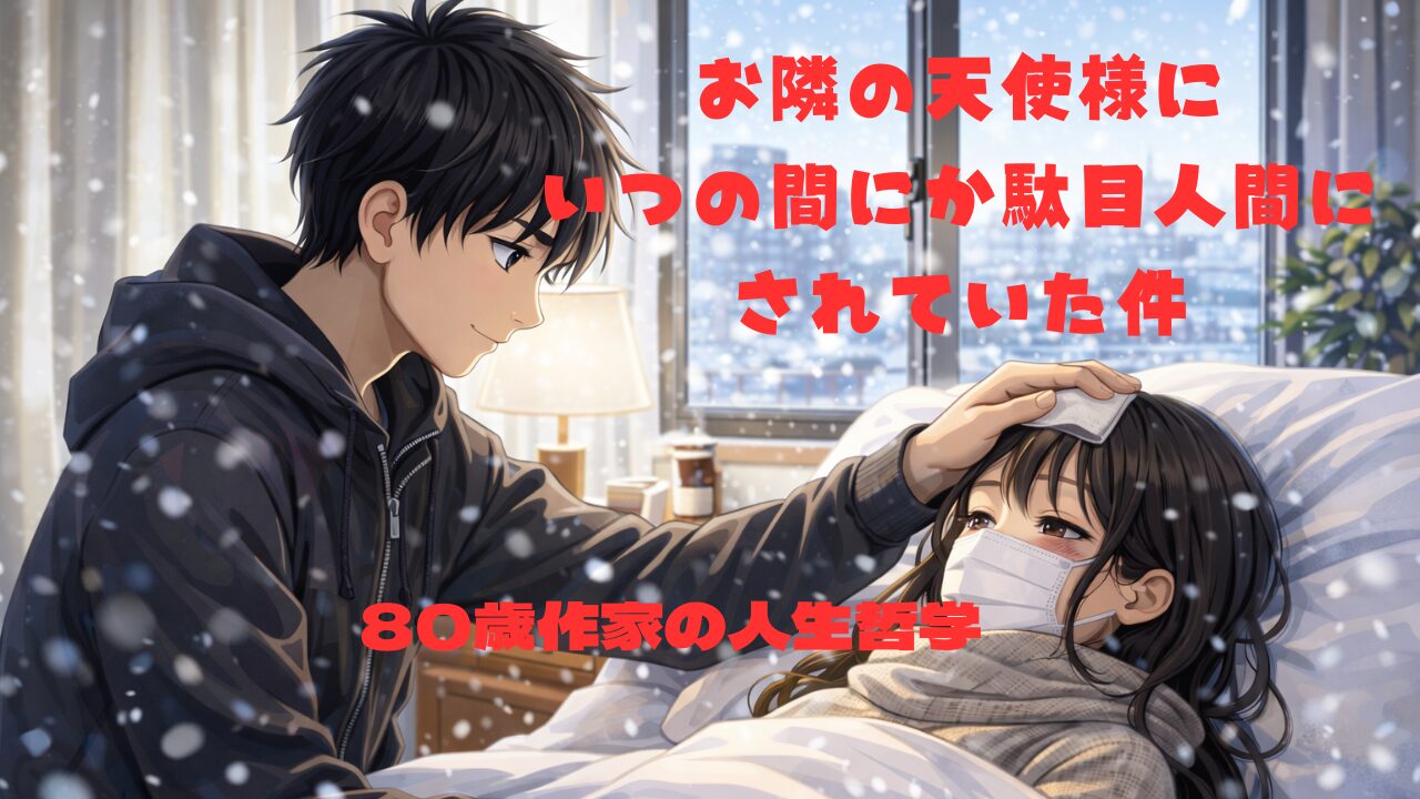 雪が降る窓辺のベッドで、熱を出して眠る真昼を優しく見守る周