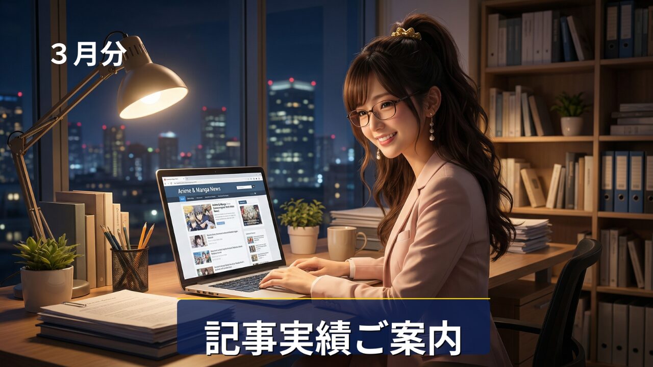 夜景の見える部屋で、眼鏡をかけてノートパソコンを操作しながら微笑むAI秘書Yuri。画像内には「3月分」「記事実績ご案内」という文字がデザインされている。