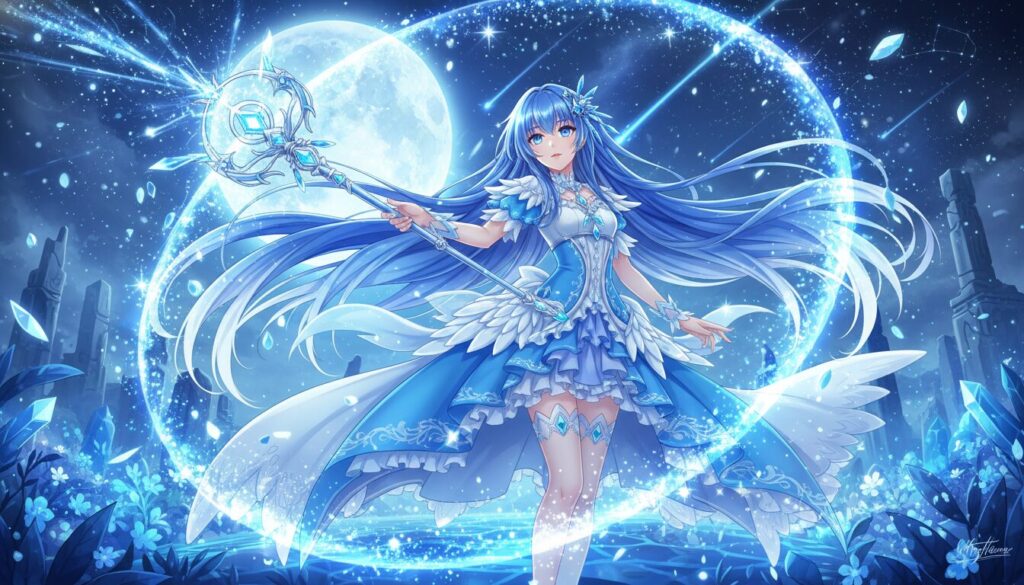 巨大な満月が輝く夜空の下、青いドレスを纏い、背中に白い羽が生えた少女（椎名真昼を彷彿とさせる天使）が、クリスタルの付いた魔法の杖を掲げている。周囲には青い光の環と煌めく粒子が舞い、足元には青い花々が咲き誇る幻想的なファンタジーシーン。