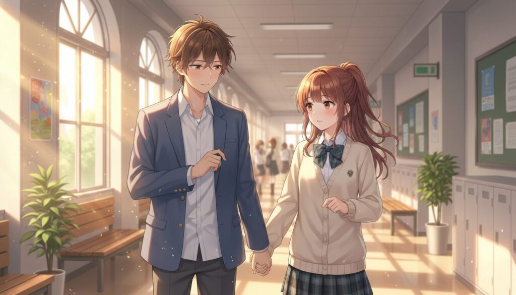 夕暮れ時の高校の廊下で、少し照れくさそうに手を繋いで歩く藤宮周と椎名真昼。窓から差し込む柔らかなオレンジ色の光が二人を包み、周囲には光の粒子が舞っている。真昼はカーディガン姿、周はブレザー姿で、二人の間には穏やかで幸せな空気が漂っている。