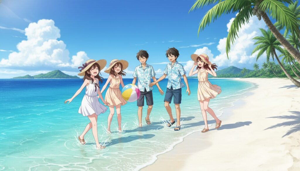 透き通った青い海と白い砂浜が広がる南国のビーチで、夏服に身を包んだ藤宮周や椎名真昼たちが楽しそうに遊んでいる。周と真昼は水際でビーチボールを追いかけ、笑顔で水しぶきを上げている。背後にはパームツリーと入道雲が広がる、爽やかで賑やかな夏の風景。