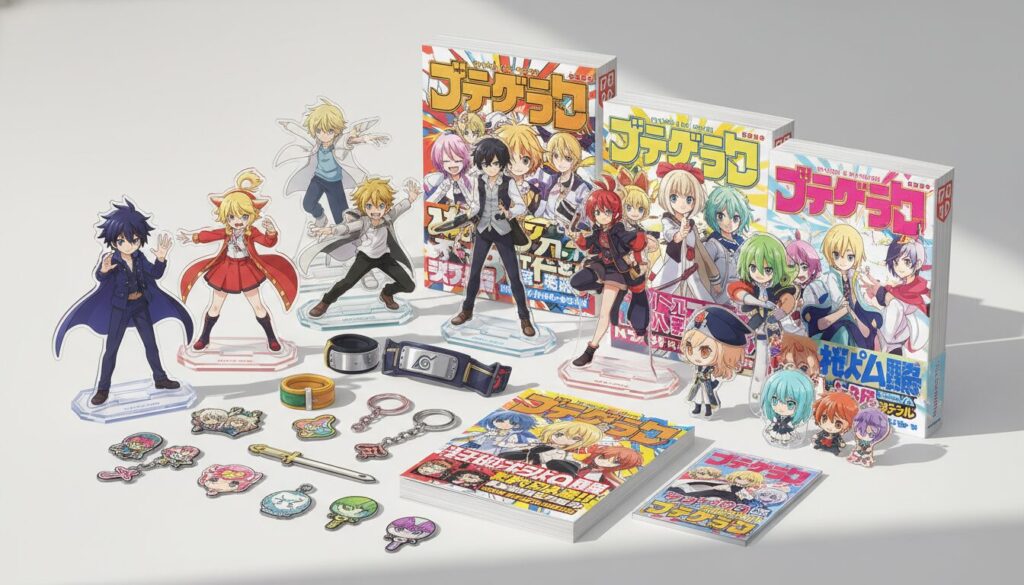 『お隣の天使様』に関連する多数のアクリルスタンド、キーホルダー、コミックス、キャラクターグッズが机の上に綺麗に並べられたコレクション写真。パステル調から鮮やかな色彩まで、多種多様なキャラクターグッズが作品の世界観を彩っている。