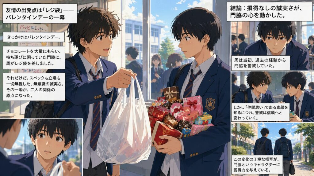 『お隣の天使様』における藤宮周と門脇優太の友情の原点を描いたインフォグラフィック。バレンタインデーにチョコを大量にもらい持ち運びに困る門脇に対し、周がレジ袋を差し出したシーンを解説。スペックを無視した周の「無意識の誠実さ」が門脇の心を動かし、警戒から信頼へと関係が変化していく過程を図解。