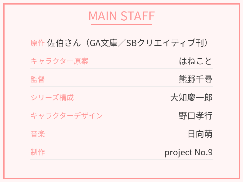 アニメ『お隣の天使様』第2期のメインスタッフリスト画像。原作：佐伯さん、キャラクター原案：はねこと、監督：熊野千尋、シリーズ構成：大知慶一郎、キャラクターデザイン：野口孝行、音楽：日向萌、制作：project No.9などの主要スタッフが、見やすいピンクの枠組みでまとめられた一覧表。