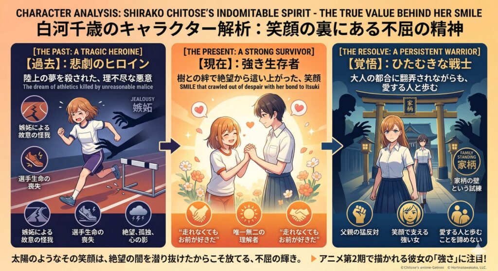 白河千歳のキャラクター解析インフォグラフィック。左から【過去】嫉妬による怪我と夢の喪失、【現在】樹との絆による再生、【覚悟】家柄の壁や父親の反対に立ち向かう意志、の3段階で彼女の精神的成長が図解されている。