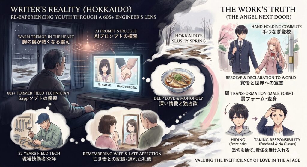 札幌の雪景色を背に、モニターで『お隣の天使様』第2期を視聴する60代の元技術者の後ろ姿。周囲には「現場技術者32年」「亡き妻との記憶」といった自身の背景と、作中の「男フォーム・変身」「覚悟と世界への宣言」などの考察キーワードが対比的に配置された、深い人生観を感じさせる概念図。