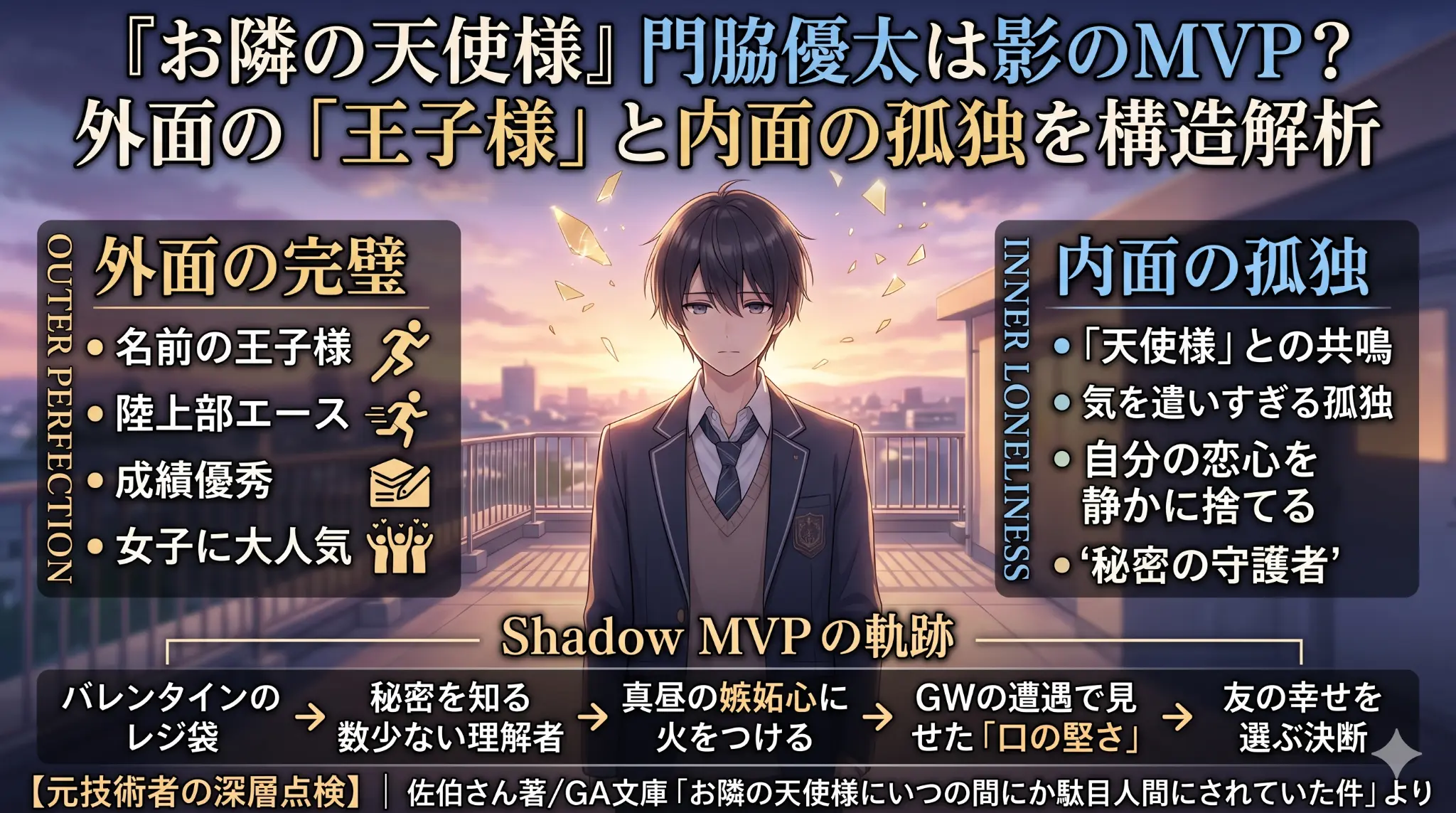 『お隣の天使様』の門脇優太を分析した「Shadow MVPの軌跡」インフォグラフィック。「外面の完璧（王子様、陸上部エース等）」と「内面の孤独（気遣いすぎる孤独、恋心を捨てる等）」という対照的な要素を構造解析。バレンタインのレジ袋から友の幸せを選ぶ決断まで、彼の軌跡をタイムライン形式で解説した考察画像。