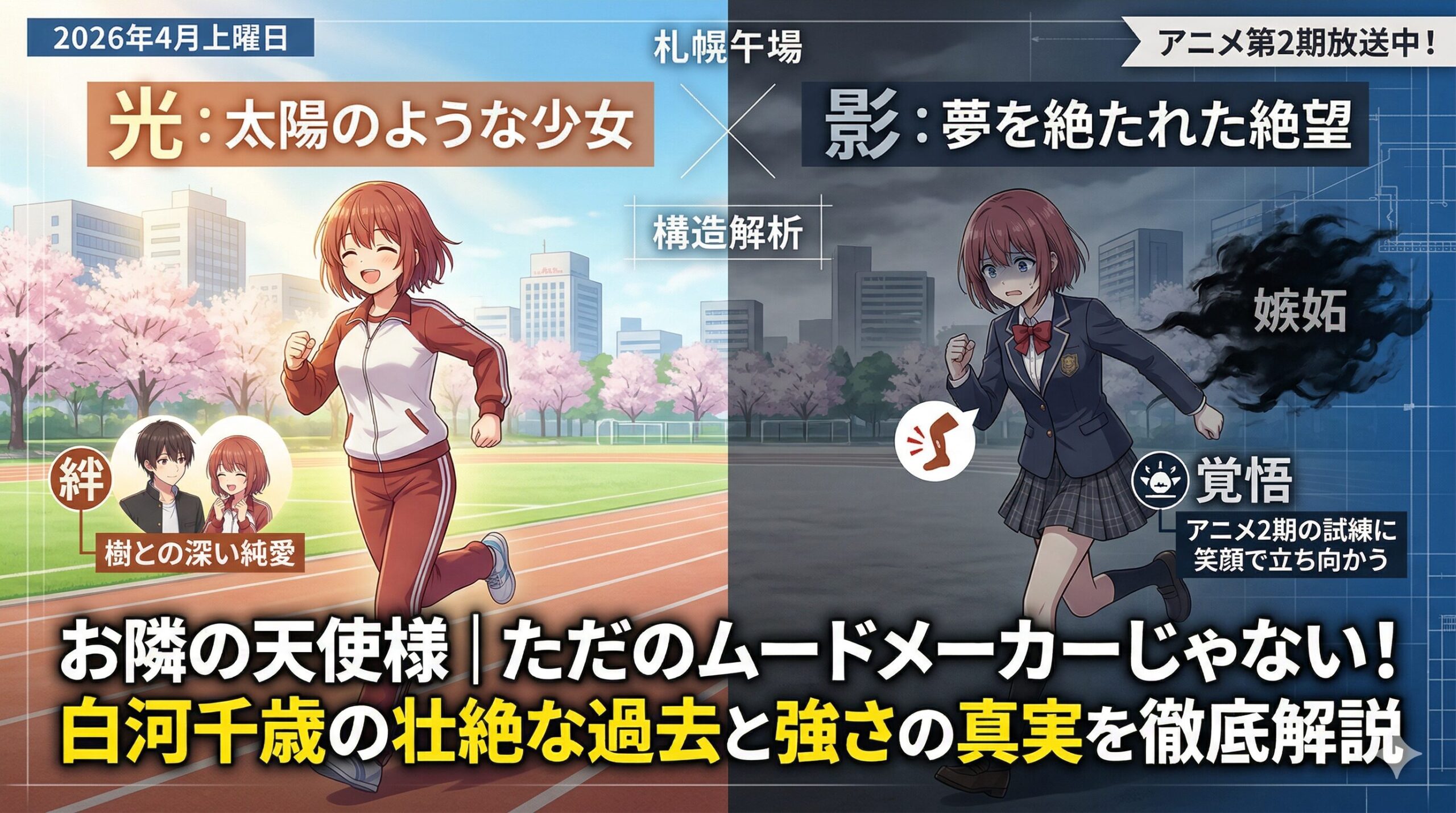 アニメ『お隣の天使様』2期の白河千歳を特集したアイキャッチ。左側の明るい「光」の面には笑顔で走る姿と樹との絆、右側の暗い「影」の面には怪我と嫉妬に苦しむ過去が対比で描かれている。「ただのムードメーカーじゃない！白河千歳の壮絶な過去と強さの真実を徹底解説」というタイトル入り。