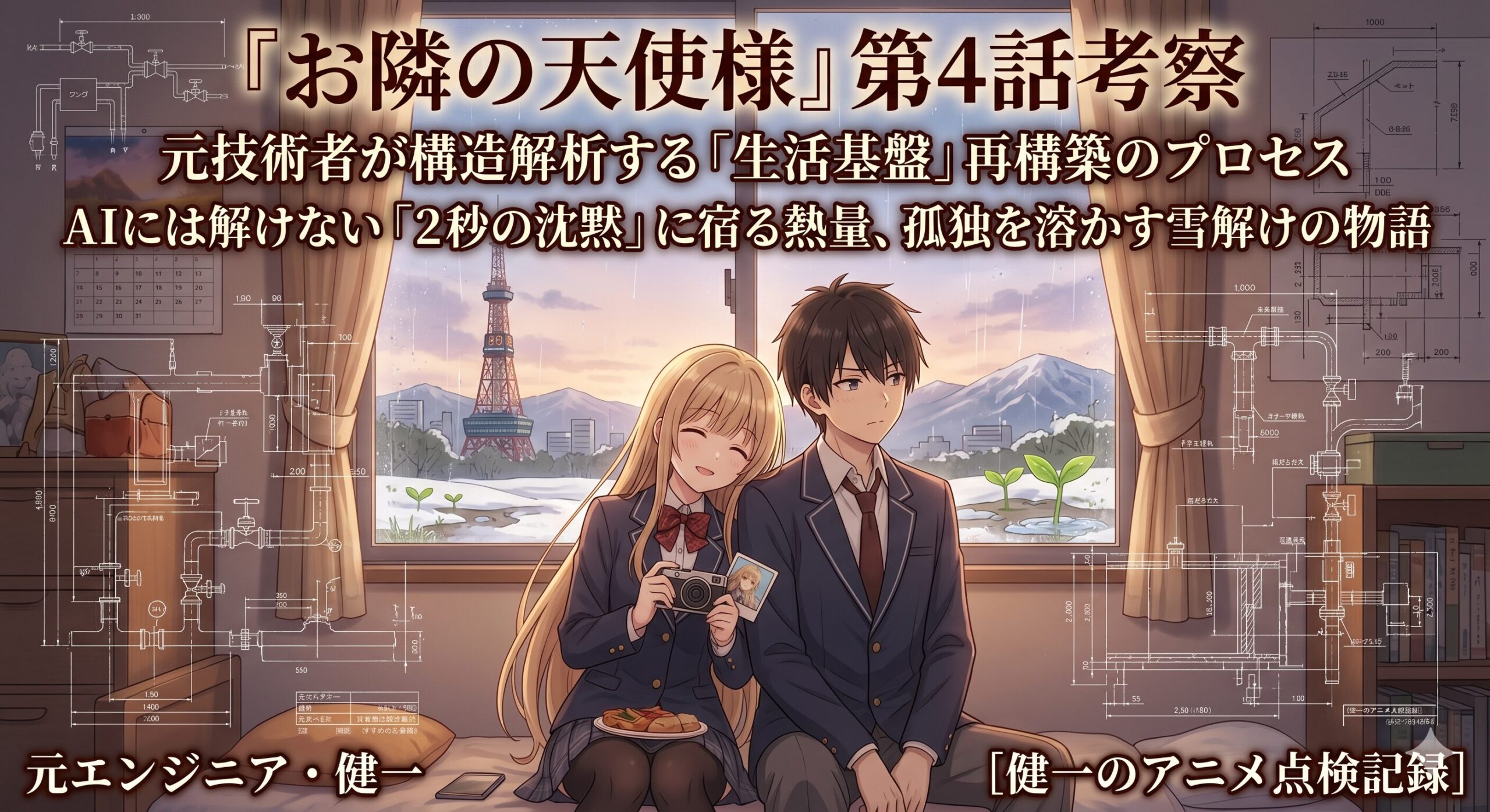 『お隣の天使様』第4話の考察アイキャッチ画像。雪解けの札幌の風景をバックに、寄り添う周と真昼を描き、周囲に配管図のような緻密な設計図をレイアウトしたインフォグラフィック。タイトルは「元技術者が構造解析する『生活基盤』再構築のプロセス」、副題に「AIには解けない『2秒の沈黙』に宿る熱量、孤独を溶かす雪解けの物語」。還暦エンジニア・健一による点検記録のメインビジュアル。