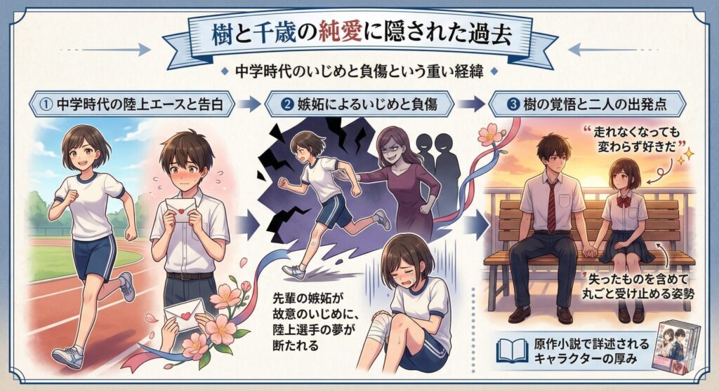 樹と千歳の過去を解説したインフォグラフィック。①中学時代の陸上エースだった千歳への告白、②先輩の嫉妬によるいじめと負傷で夢が断たれる経緯、③「走れなくなっても変わらず好きだ」という樹の覚悟と二人の出発点が、時系列で図解されている。
