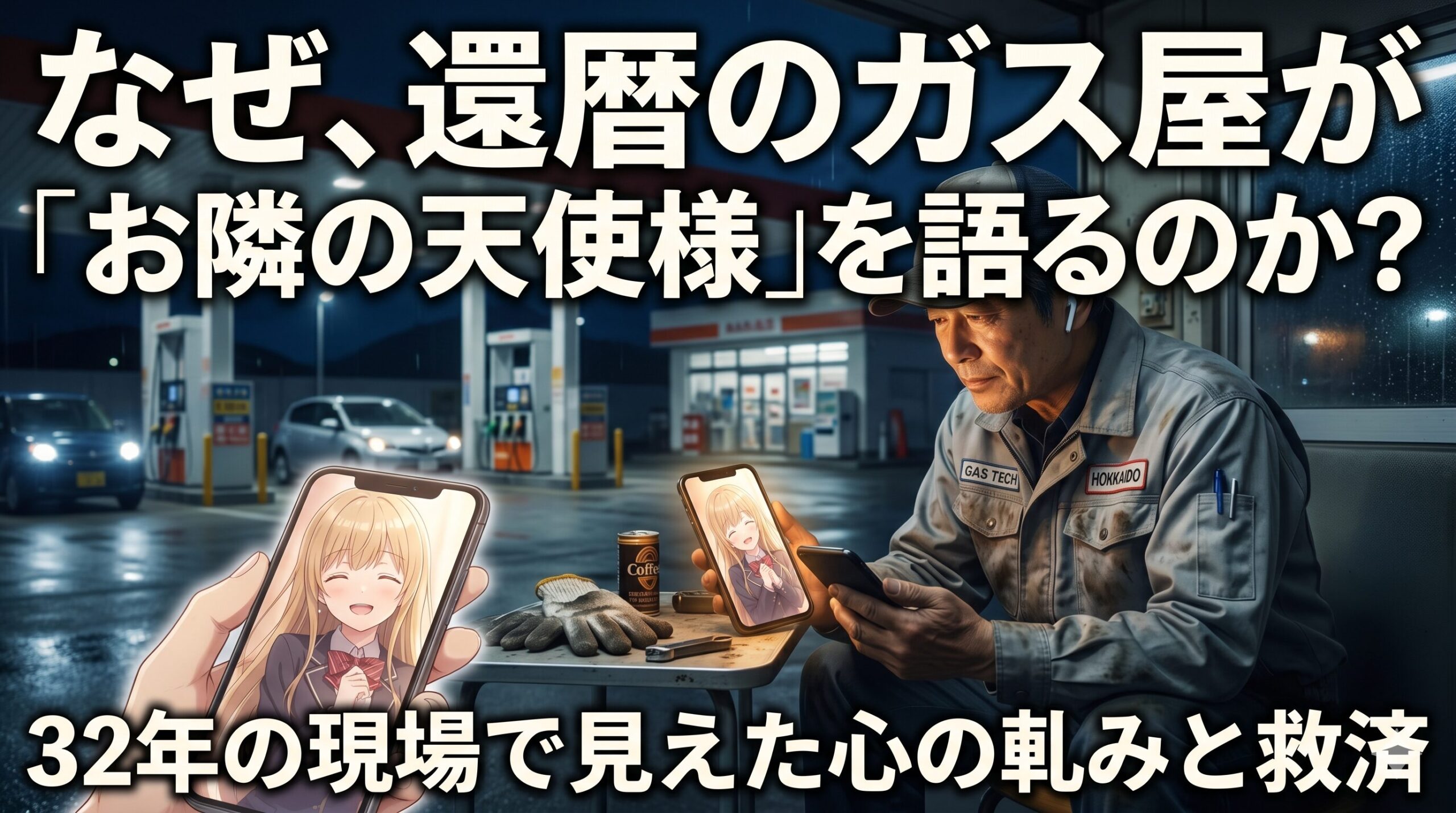 夜のオートガススタンドで作業服を着て休憩するベテラン技術者の姿。手元とテーブルのスマホにはアニメ『お隣の天使様』の椎名真昼が映っている。画像には「なぜ、還暦のガス屋が『お隣の天使様』を語るのか？」「32年の現場で見えた心の軋みと救済」という力強いキャッチコピーが配置されている。