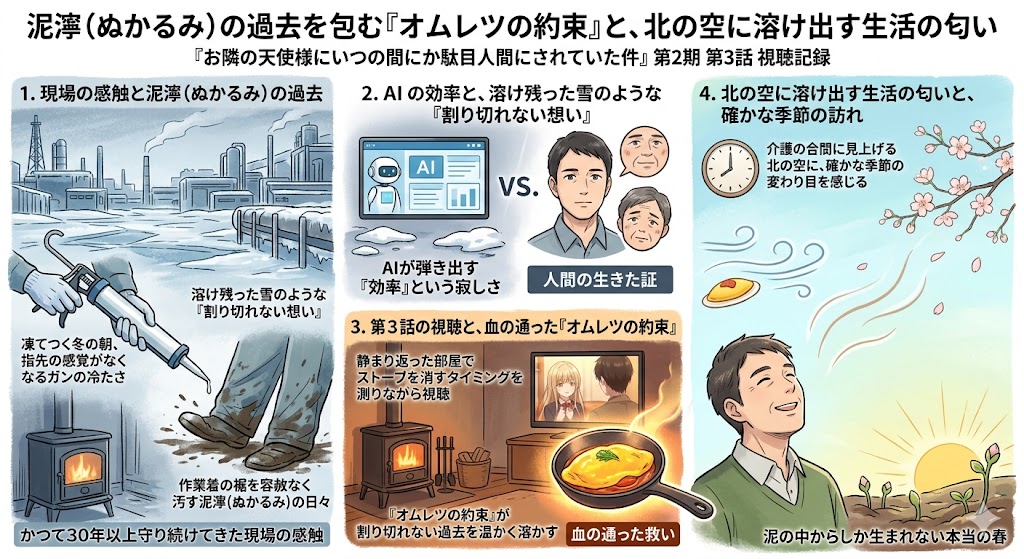 『お隣の天使様』第2期 第3話の視聴記録インフォグラフィック。「泥濘（ぬかるみ）の過去を包む『オムレツの約束』と、北の空に溶け出す生活の匂い」と題し、30年以上の現場経験を持つ元技術者の視点で描かれた4枚の構成。作業着の汚れ、AIの効率と人間の生の証、オムレツの約束による救い、そして介護の合間に感じる札幌の春の訪れを表現。