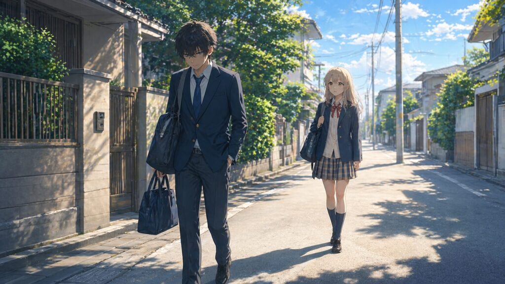 夕暮れの住宅街で、少し前を歩きながら女の子の荷物も持つ不器用な少年と、その後ろを静かに歩く少女の姿