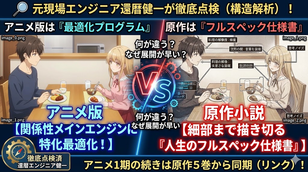 『お隣の天使様』のアニメ版と原作小説を比較解析したインフォグラフィック。アニメ版を「関係性メインエンジンに特化最適化した最適化プログラム」、原作を「細部まで描き切る人生のフルスペック仕様書」と定義し、元現場エンジニアの健一が構造解析を行う。アニメ1期の続きは原作5巻から同期（リンク）するという推奨ルートも明示した図解。