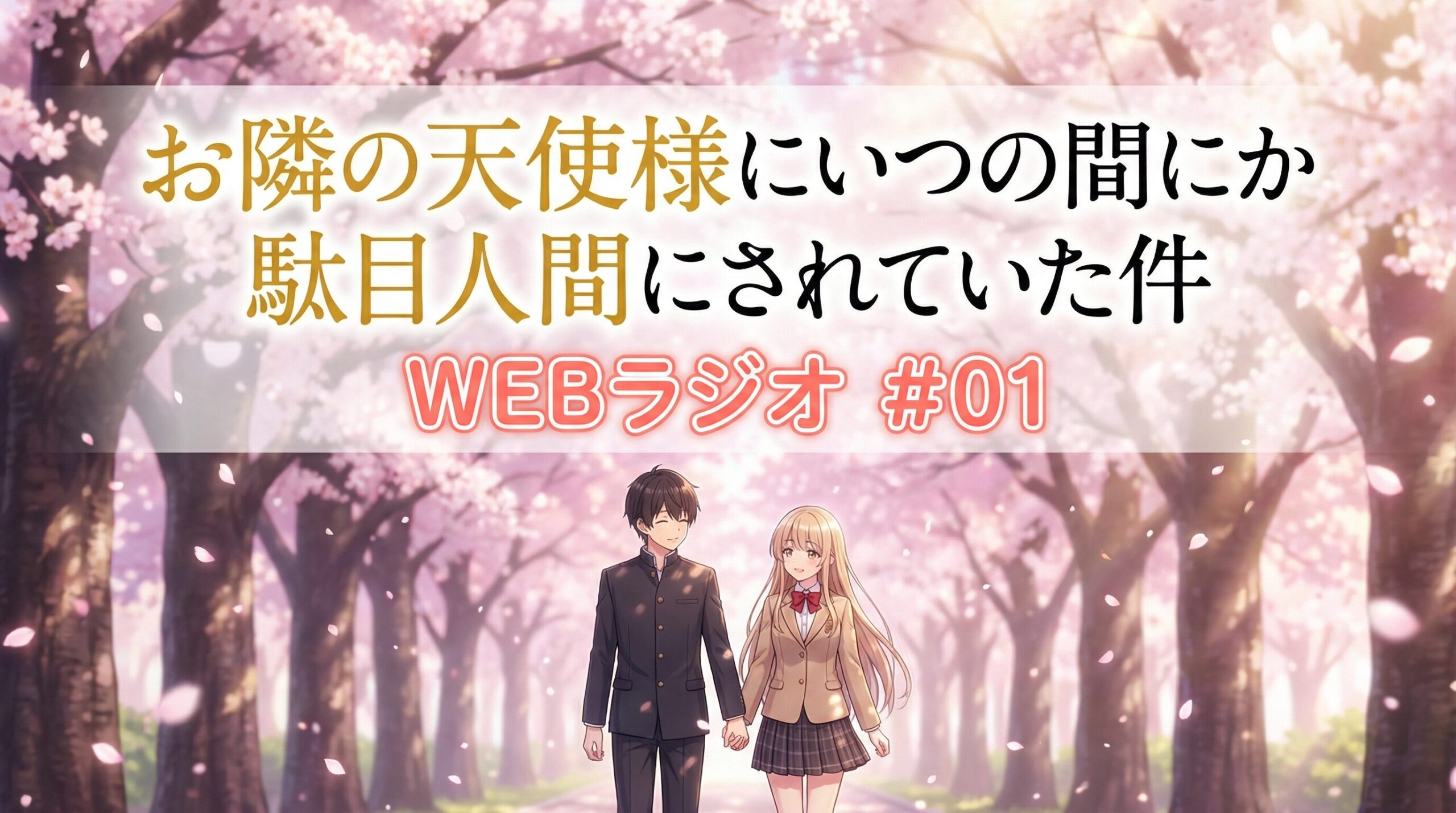 満開の桜並木を背景に、手を繋いで微笑み合う藤宮周と椎名真昼。画像上部には作品タイトル、中央には白縁の赤文字で「WEBラジオ #01」と記載された、ラジオ番組紹介・考察記事用のアイキャッチ画像。