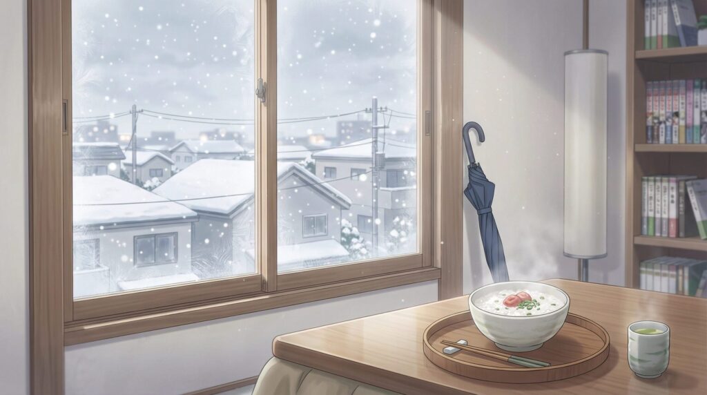 アニメ『お隣の天使様』第1期・第1話をイメージした背景。雪の降る窓辺に、湯気が立つ梅干し入りの温かなお粥と緑茶が置かれたテーブルの風景。傍らには黒い傘が立てかけられている、静かで温かな室内。