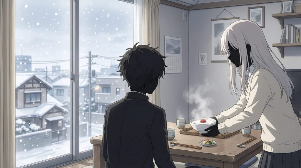 アニメ『お隣の天使様』第1期・第1話をイメージしたイラスト。雪の降る窓辺を背景に、座っている藤宮周（シルエット）に対し、椎名真昼（シルエット）が温かな湯気の立つお粥を差し出している看病のシーン。