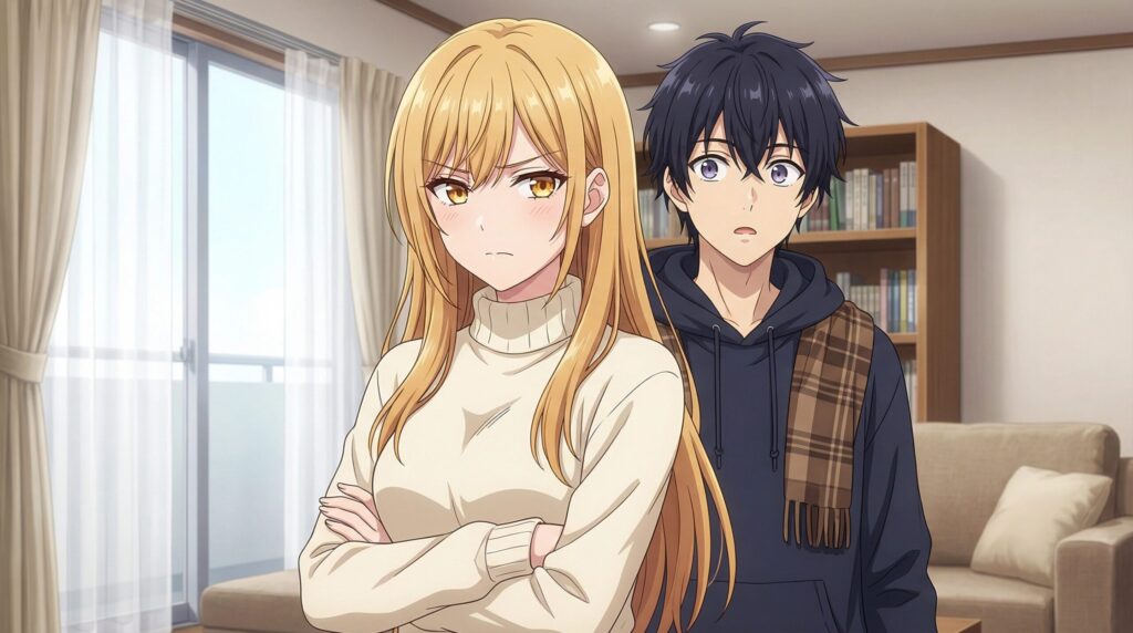 アニメ風のイラスト。リビングルームで、腕を組み少し拗ねたような表情（ジト目）を浮かべる金髪の女性（椎名真昼）と、その後ろで驚いたような表情を見せる黒髪の男性（藤宮周）のカット。