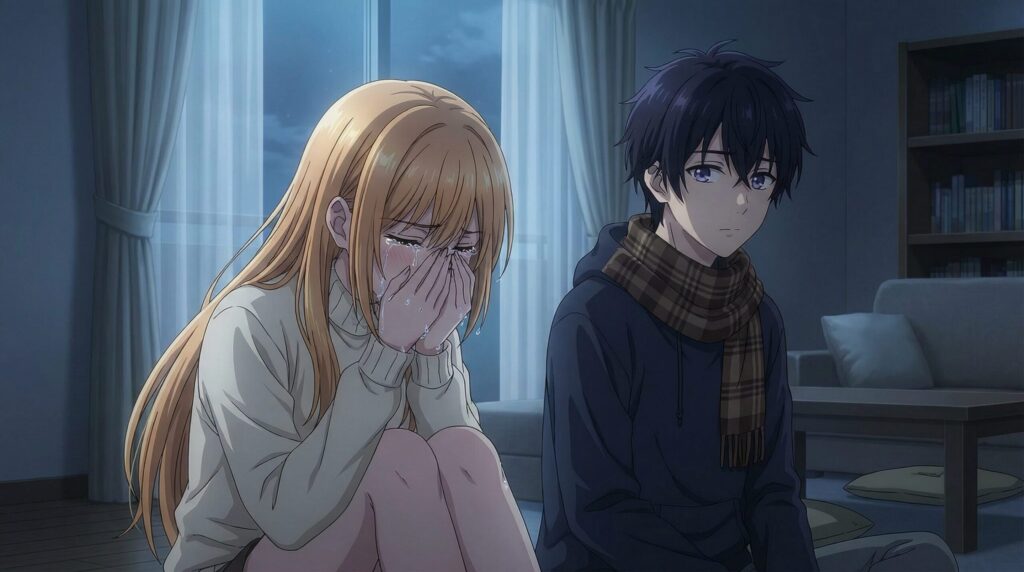 アニメ風のイラスト。薄暗い部屋で、金髪の女性（椎名真昼）が体育座りをして膝に顔を埋め、静かに涙を流している。窓の外からは夜の街明かりが僅かに差し込み、彼女の孤独を際立たせている。