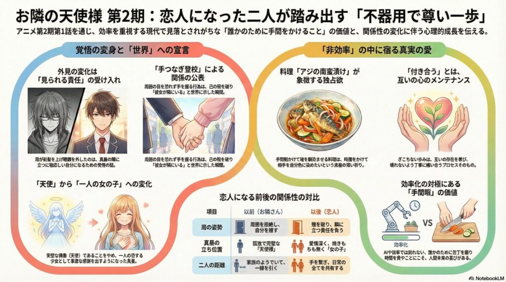 『お隣の天使様』第2期第1話を多角的に分析したインフォグラフィック。「覚悟の変身と世界への宣言」「非効率の中に宿る真実の愛」の二軸を中心に、周の外見変化、手つなぎ登校、アジの南蛮漬けが象徴する独占欲、恋人前後の関係性対比図、効率化vs手間暇の価値などを、イラストと図解で詳細にまとめた構成。