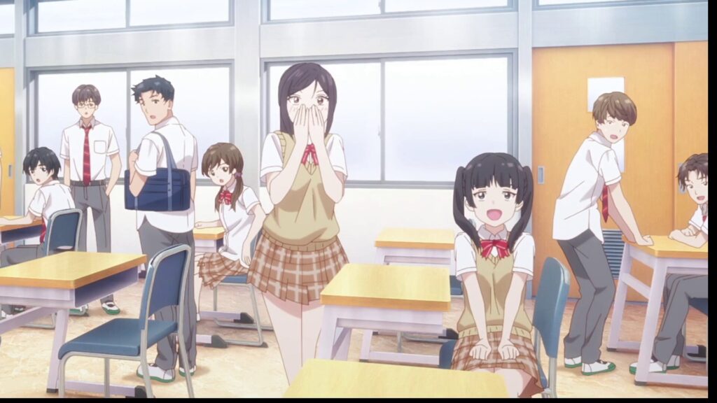 アニメ『お隣の天使様』第2期第1話の教室内の様子。藤宮周と椎名真昼の劇的な登場に対し、クラスメイトたちが驚愕し、目を見開いたり口を押さえたりして困惑と興奮が入り混じった表情で見つめている群像劇的なカット。