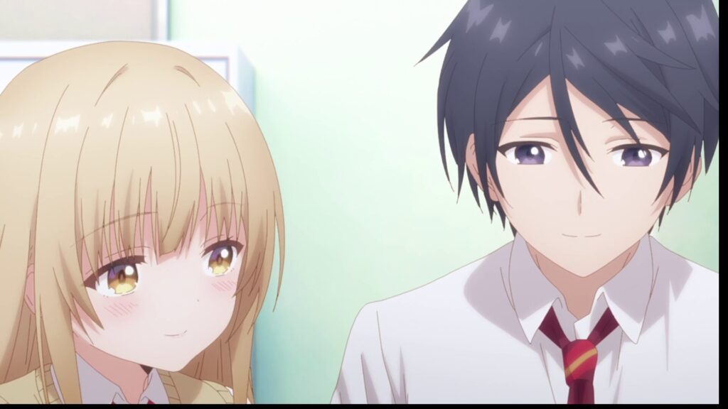 アニメ『お隣の天使様』第2期第1話より。前髪を上げ、晴れやかな表情で真昼の隣に立つ藤宮周と、彼の隣で幸せそうに微笑む椎名真昼。二人の絆が世界に向けて公にされた、優しさと覚悟が共存する象徴的なクローズアップ画像。