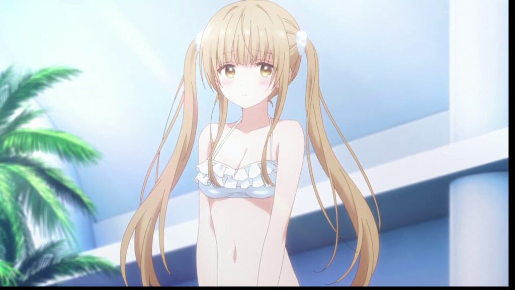 アニメ『お隣の天使様』2期・第2話より、白いフリルの水着を身にまとい、ツインテールにした椎名真昼の全身に近いショット。頬を赤らめ、少し恥ずかしそうにこちら(周)を見つめる、夏休みのプールシーンのカット。