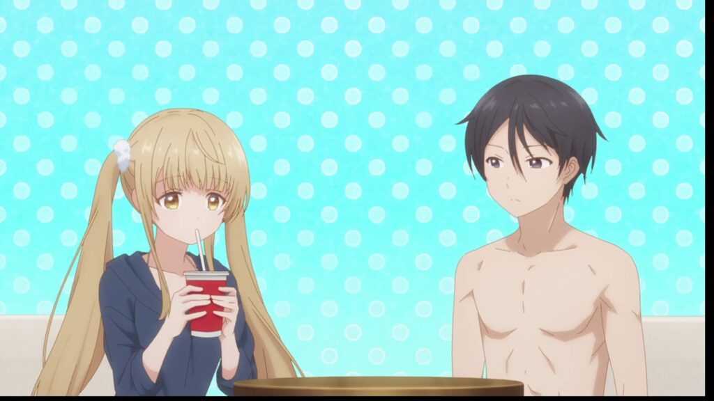 アニメ『お隣の天使様』2期・第2話より、プールサイドで休憩する藤宮周と椎名真昼。真昼がストローで赤いカップのサイダーを飲み、上半身裸の周がその様子を隣で穏やかに、かつ少し不思議そうに見つめているシーン。