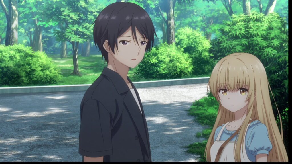 『お隣の天使様』第2期 第3話。夏の公園で並んで歩く藤宮周と椎名真昼。黒い開襟シャツを着た周が少し伏し目がちに真昼を見やり、水色のワンピースを着た真昼が真っ直ぐ前を見つめる。緑豊かな背景の中で、二人の「純粋で誠実な関係性」が際立つシーンカット。