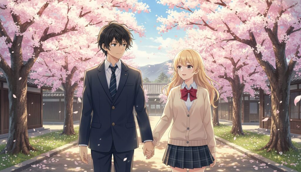 満開の桜並木の下、制服姿でしっかりと手を繋いで歩く藤宮周と椎名真昼。周はネクタイを締めたスーツ風の制服、真昼はカーディガンを羽織ったスタイル。二人の背後には伝統的な校舎が見え、春の光に包まれた「公認カップル」としての新しい門出を象徴する爽やかなシーン。