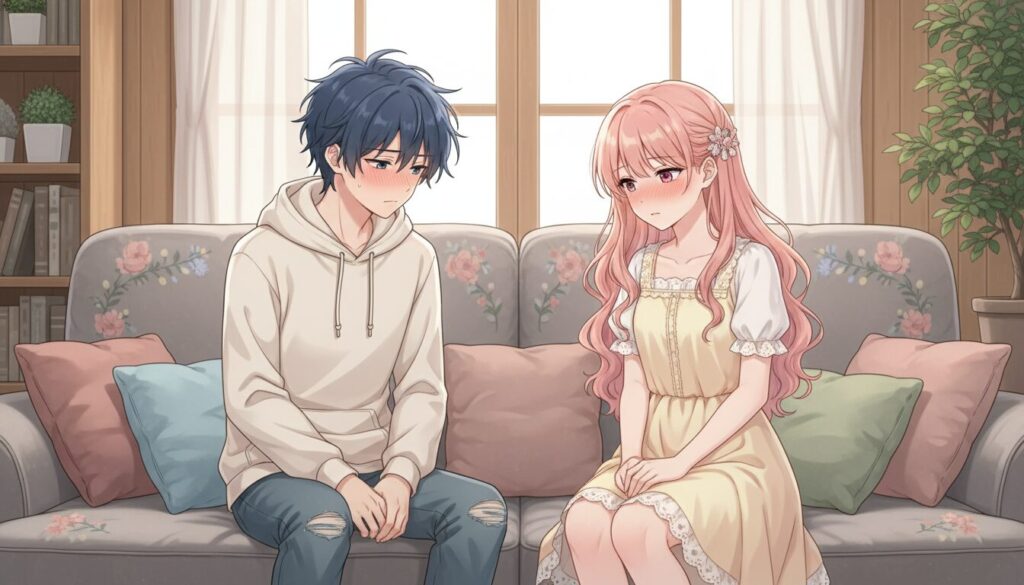 室内のソファに座り、互いに頬を赤らめながら俯く藤宮周と椎名真昼。パーカー姿の周と、黄色いワンピースを着た真昼。二人の間には少し距離があり、言葉にできない甘酸っぱい緊張感と、互いを意識しすぎる初心な空気感が漂っている室内の一幕。