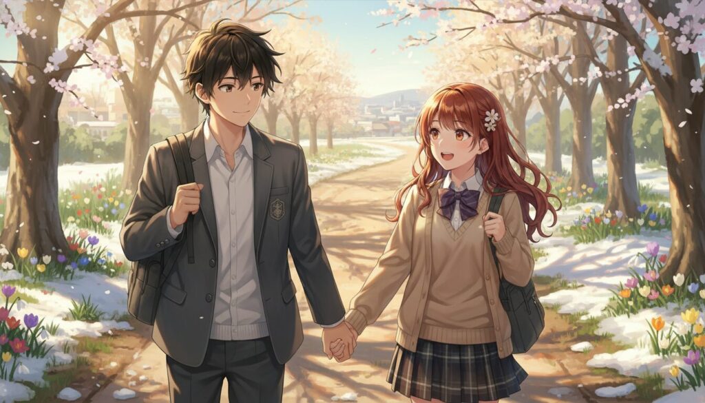 残雪が残る春の並木道で、藤宮周と椎名真昼がしっかりと手を繋いで歩いている登校風景。周囲には桜の花が咲き、足元には色とりどりの春の花が顔を出している。前髪を上げ、大人びた表情を見せる周と、隣で嬉しそうに微笑む真昼の姿を描いた幻想的なイラスト。