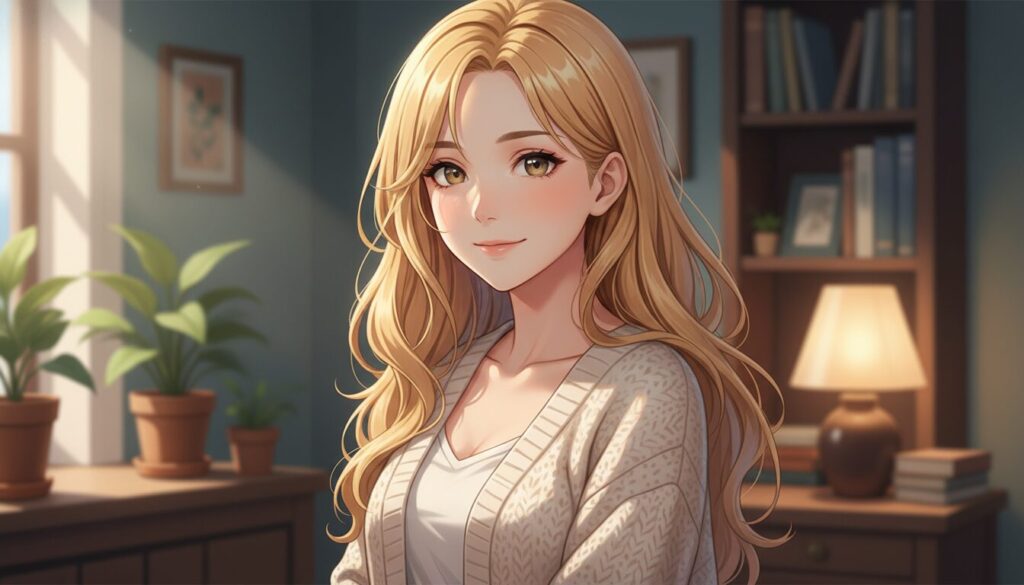 柔らかな午後の光が差し込む室内で、カーディガンを羽織り、穏やかで慈愛に満ちた微笑みを浮かべる椎名真昼のアップ。背景には観葉植物や本棚が並び、落ち着いた家庭的な雰囲気が漂う中で、彼女の美しさがより一層際立っている。