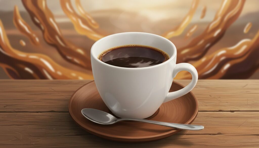 木目調のテーブルの上に置かれた、白いカップに注がれたブラックコーヒー。背後にはコーヒーが躍動的に跳ねるような幻想的なブラウンの波が描かれ、静かなティータイムの中にある熱い感情や魂の共鳴を象徴するアーティスティックな一枚。