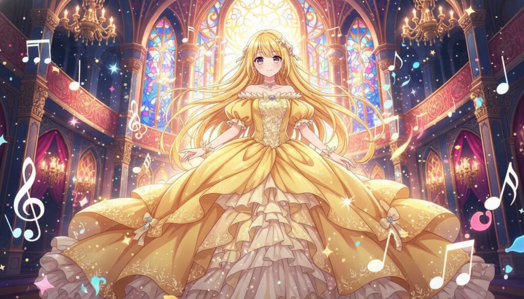 荘厳なステンドグラスと豪華なシャンデリアが輝く大ホールの中央で、フリルが何層にも重なった黄金色のドレスを着て微笑む椎名真昼。周囲には五線譜や色とりどりの音符、光の粒子が舞い、新ED曲『うれしい！たのしい！大好き！』が象徴する圧倒的な多幸感と躍動感を表現した幻想的なビジュアル。