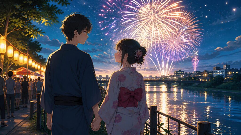 川辺で手をつなぎながら花火を見上げる浴衣姿の男女のアニメ風イラスト