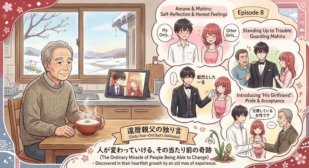 「還暦親父の独り言」と題された、アニメ「お隣の天使様にいつの間にか駄目人間にされていた件」第8話の解説イラスト。左側には食卓で微笑む年配の男性(周の父親)が描かれ、右側には周と真昼の心の成長や名シーン(お互いの素直な気持ち、トラブルへの対処、父親への紹介など)が吹き出し形式で散りばめられています。