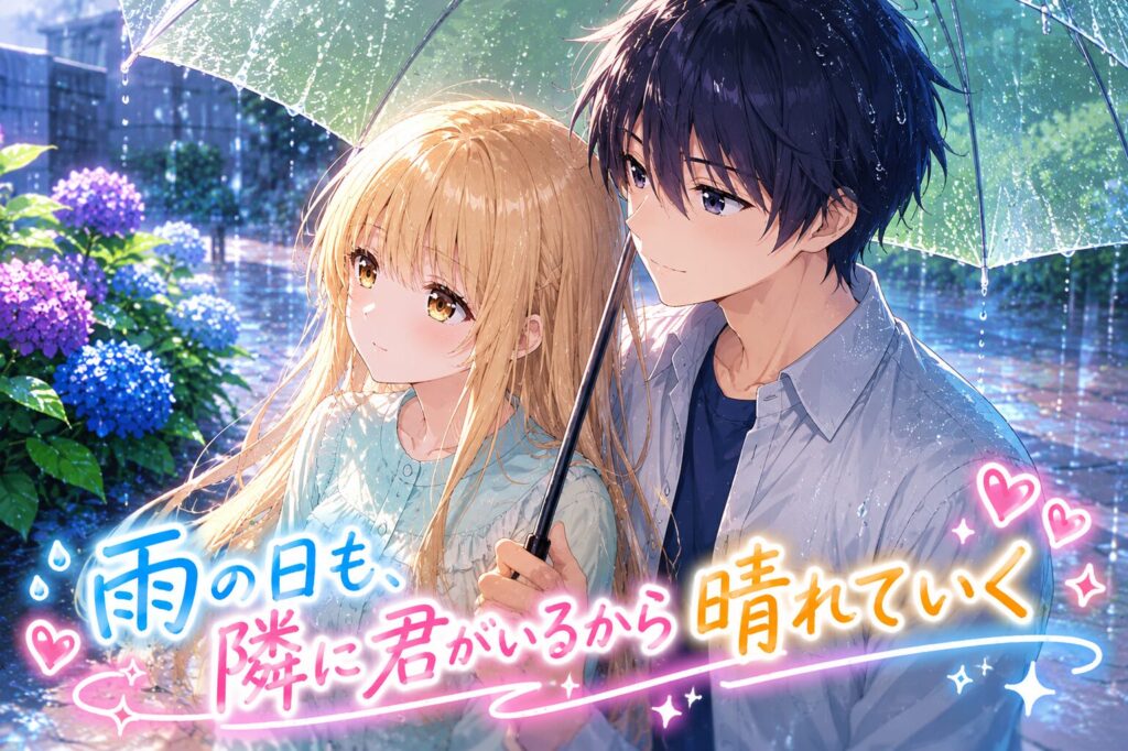 雨の中、ひとつの透明な傘を一緒に差しながら寄り添う高校生の男女を描いたアニメ風イラスト。周囲には色鮮やかな紫陽花が咲き、雨粒がきらめく中で二人は穏やかな表情を浮かべている。画面には「雨の日も、隣に君がいるから晴れていく」というメッセージが添えられている。