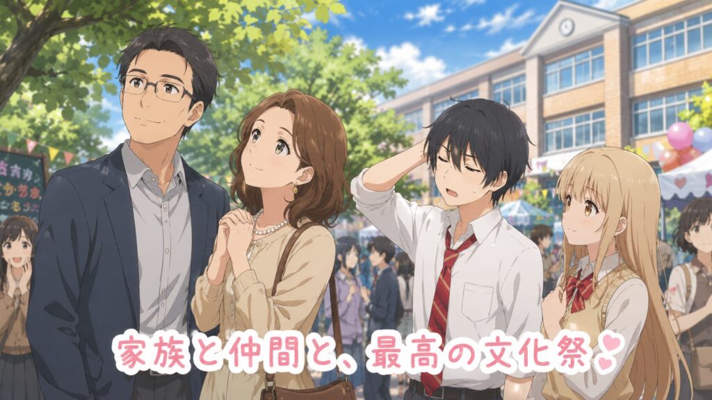 文化祭で家族と高校生の男女が並んで歩きながら、穏やかな時間を楽しむ様子を描いたアニメ風イラスト