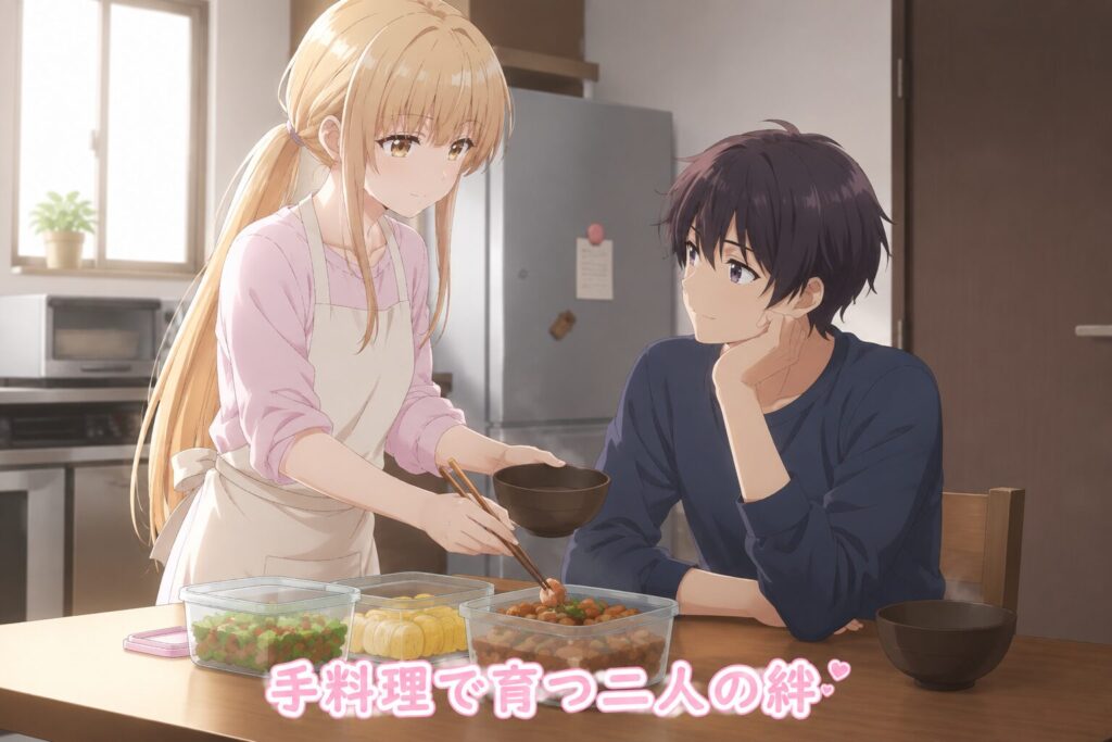 手料理を取り分ける少女と、それを見つめる少年が食卓を囲むアニメ風イラスト