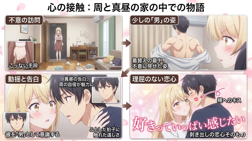 アニメ作品の解説インフォグラフィック。少女が少年の部屋を訪れた出来事をきっかけに、彼を異性として意識し始める心の変化を描いている。偶然のハプニングや近い距離での会話、頬へのキスなどを通じて恋心が深まる様子がまとめられている。